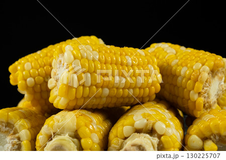 Fresh Hot Boiled Corn Cob on Black Background 130225707