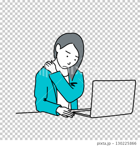 圖庫插圖: 一名婦女在辦公桌前工作時感到肩膀僵硬的向量線條畫 圖庫插圖: 一名婦女在辦公桌前工作時感到肩膀僵硬的向量線條畫 130225866