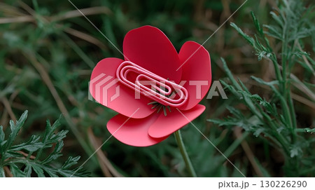 Conceptual red paper clip flower in natural setting 130226290