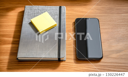 木製デスクのワークスペース: ノートブックとスマートフォンを置いたシンプルで落ち着いた室内風景 130226447