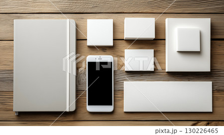 木製デスク上の白い小物とスマホのミニマルフラットレイ商品写真 木製デスク上の白い小物とスマホのミニマルフラットレイ商品写真 130226465