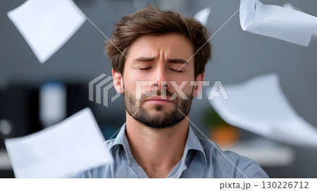 A man surrounded by flying documents in a grey office, overwhelmed by workplace stress. long_title:A professional man sitting at his desk, deeply 130226712