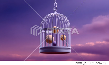 Surreal birdcage with planets floating in the cosmic sky 130226735