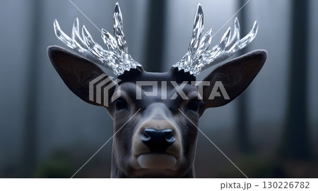 Mystical Deer with Crystal Antlers in Foggy Forest 130226782