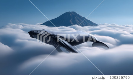 Whale gliding through celestial clouds above distant mountain 130226790