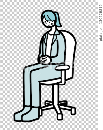 A female office worker sitting in a chair with her hands folded on her stomach 130226819