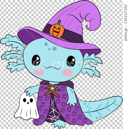 Cartoon axolotl, wizard and little ghost, Halloween 130227102