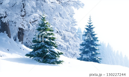 Serene Winter Landscape with Snow-Covered Evergreen Trees and Misty Forest 130227244