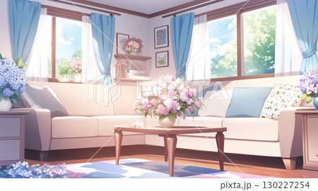 Bright and airy living room with blooming flowers and soft furnishings on a sunny day 130227254