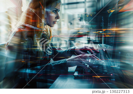 パソコンの前でサイバーな仕事をする外国人女性キャリアウーマンの写真 パソコンの前でサイバーな仕事をする外国人女性キャリアウーマンの写真 130227313