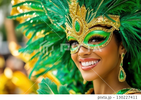 Vibrant Carnival performer in Brazil wearing a dazzling green costume and golden mask, showcasing cultural celebration 130227411