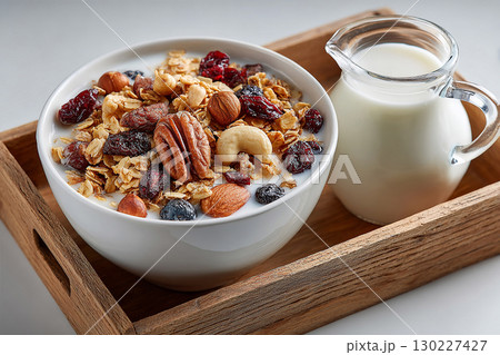 Minimalist breakfast. Top view of a tray of muesli in nuts on a bowl and milk jug on a white background. Classic breakfast. 130227427