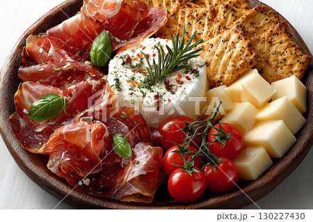 Plate with slices prosciutto, pieces of brie, cheddar with crackers and tomatoes. Easy meal prep. Classic Continental Breakfast. Hotel Breakfast Styles. Plate with slices prosciutto, pieces of brie, cheddar with crackers and tomatoes. Easy meal prep. Classic Continental Breakfast. Hotel Breakfast Styles. 130227430