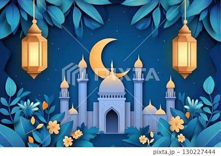 Intricate Ramadan Kareem paper cut featuring a mosque and crescent moon adorned with floral patterns and glowing lanterns Intricate Ramadan Kareem paper cut featuring a mosque and crescent moon adorned with floral patterns and glowing lanterns 130227444