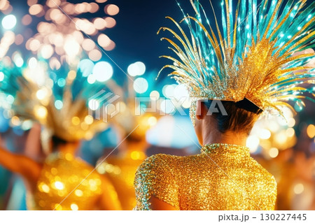 Vibrant samba dancers in glittering gold costumes celebrating Carnival in Rio de Janeiro with colorful fireworks lighting up the night sky 130227445