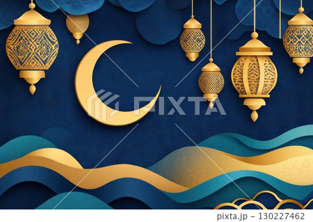 Elegant Ramadan Kareem paper cut design featuring hanging lanterns and crescent moon in deep blue and gold tones with intricate patterns 130227462