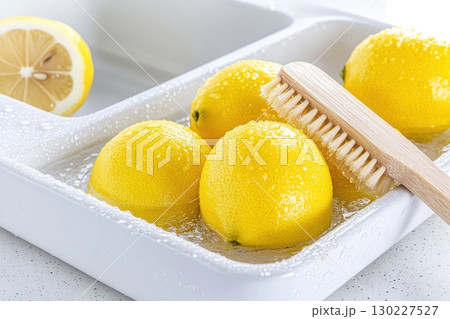 Fresh lemons submerged in clear water create a refreshing vibe in a minimalist kitchen sink with natural light Fresh lemons submerged in clear water create a refreshing vibe in a minimalist kitchen sink with natural light 130227527