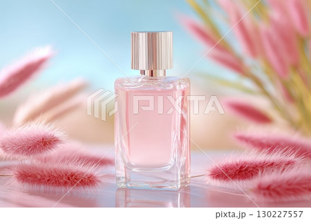 Elegant perfume bottle displayed with pink flowers on glass table 130227557