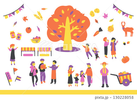 大きな木と秋の収穫祭で楽しむ人々 大きな木と秋の収穫祭で楽しむ人々 130228058