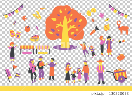 大きな木と秋の収穫祭で楽しむ人々 大きな木と秋の収穫祭で楽しむ人々 130228058