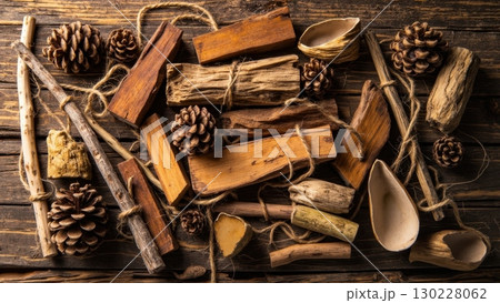 Palo santo sticks, wood chips, pine cones and wooden spoons on rustic table creating a natural and aromatic display 130228062