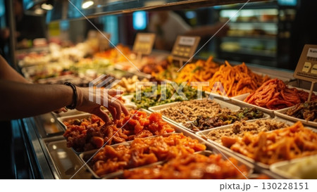 Customer choosing korean food in refrigerated display case at asian market 130228151