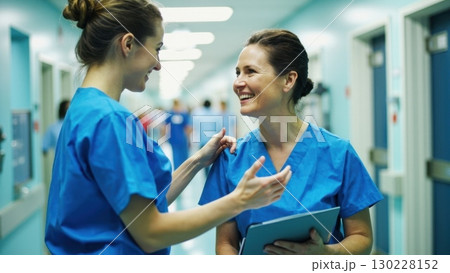 Two nurses talking and smiling in hospital corridor 130228152