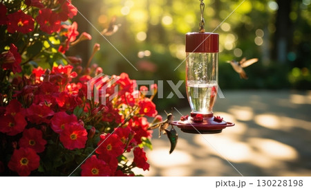 Hummingbirds feeding from bird feeder in lush garden at sunset 130228198