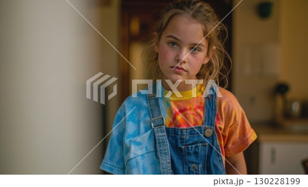 Portrait of serious young girl wearing tie dye shirt and denim overalls indoors Portrait of serious young girl wearing tie dye shirt and denim overalls indoors 130228199