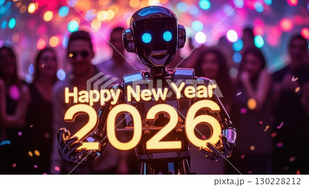 Robot wishing happy new year 2026 to partying people Robot wishing happy new year 2026 to partying people 130228212