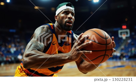 Basketball player holding ball during championship game 130228231