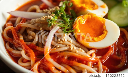 Spicy noodles dish featuring boiled egg and fresh herbs 130228232