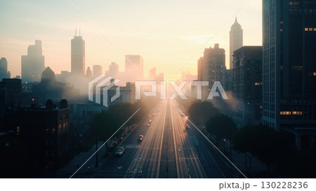 Chicago skyline emerging from fog at sunrise with traffic flowing on south michigan avenue Chicago skyline emerging from fog at sunrise with traffic flowing on south michigan avenue 130228236