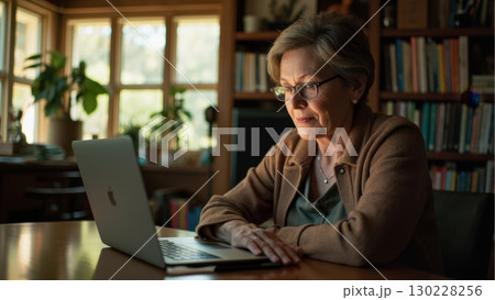 Focused senior woman working on laptop at home office 130228256