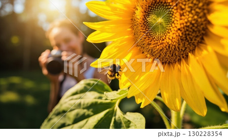 Photographer capturing bee flying near sunflower in bloom 130228354