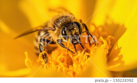 Honey bee pollinating yellow flower close up macro 130228392