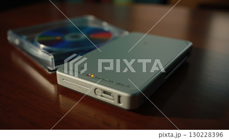 Portable external hard drive copying data from cd on wooden table 130228396