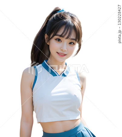元気と可愛らしさある笑顔にチアリーダーのユニフォームを着た若い女性 130228427