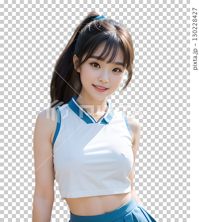 元気と可愛らしさある笑顔にチアリーダーのユニフォームを着た若い女性 130228427