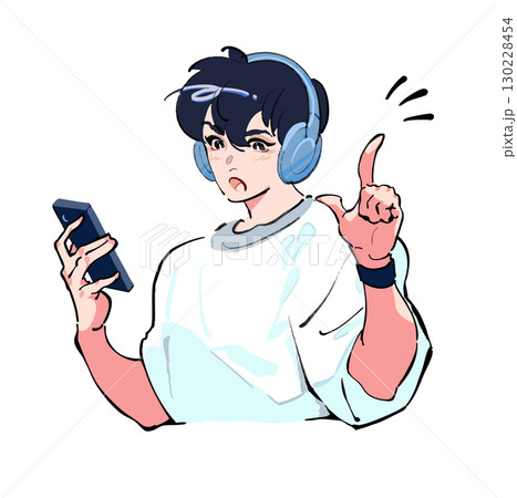 ヘッドフォンで音楽を聴きながらスマホを見ている男性のアイコンイラスト ひらめき 発見 指を立てている 130228454