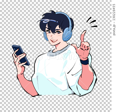 Icon illustration of a man listening to music with headphones and looking at his smartphone. Inspiration, discovery, solution, recommendation. 130228455