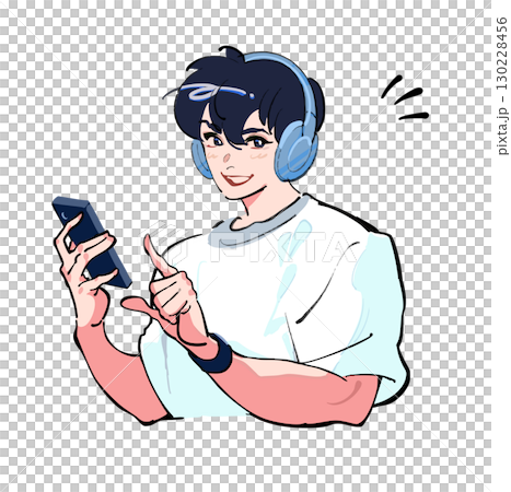 Icon illustration of a man listening to music with headphones and looking at his smartphone. Inspiration Discovery 130228456