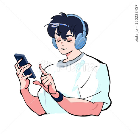 ヘッドフォンで音楽を聴きながらスマホを見ている男性のアイコンイラスト 130228457