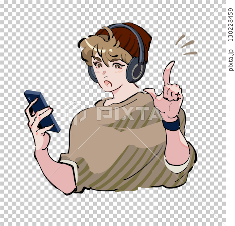 Icon illustration of a man listening to music with headphones and looking at his smartphone. Inspiration Discovery 130228459