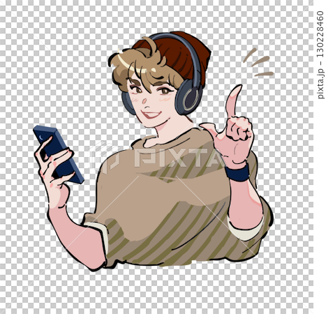 Icon illustration of a man listening to music with headphones and looking at his smartphone. Inspiration, solution, recommendation. 130228460