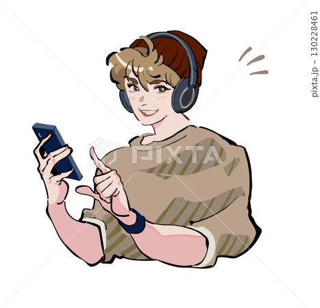 ヘッドフォンで音楽を聴きながらスマホを見ている男性のアイコンイラスト　ひらめき　発見　微笑み 130228461