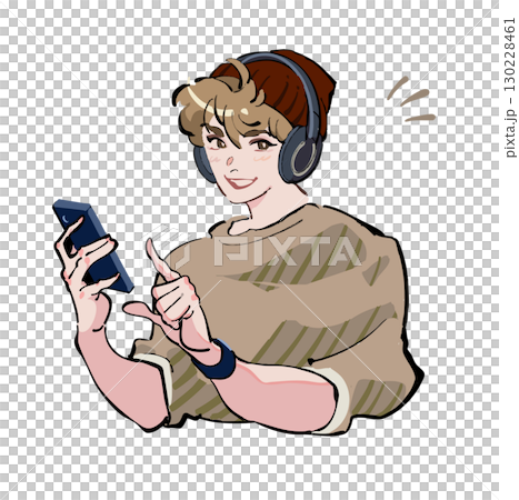 Icon illustration of a man listening to music with headphones and looking at his smartphone. Inspiration, discovery, smile. 130228461