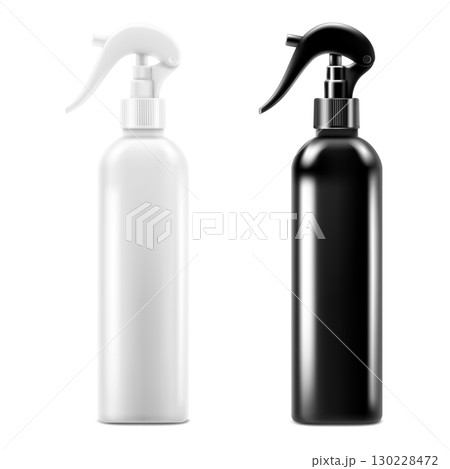 Bottles with atomizer. Mock up bottles cosmetic or medical vial, flask, falcon. Plastic spray bottles, black and white colour, realistic 3d vector illustration, Isolated On White Background. 130228472