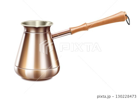 Turkish Coffee pot with a wooden handle, Equipment for cooking aromatic beverage. Copper cezve. Isolated on white background. Realistic 3d Vector illustration. 130228473