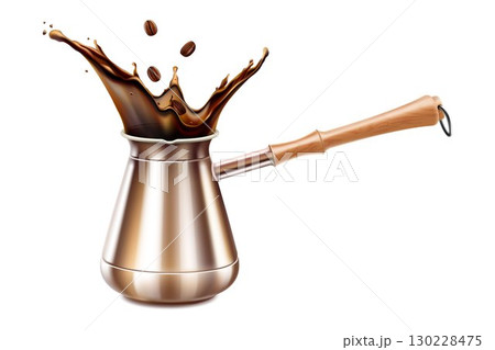 Turkish Coffee pot with a coffee splash. Equipment for cooking aromatic beverage. Copper cezve with a wooden handle. Isolated on white background. Realistic 3d Vector illustration. Turkish Coffee pot with a coffee splash. Equipment for cooking aromatic beverage. Copper cezve with a wooden handle. Isolated on white background. Realistic 3d Vector illustration. 130228475